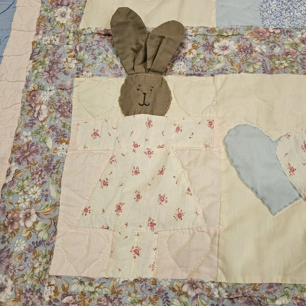 Vintage Baby Quilt Blanket Floppy Bunny Ears Hearts Blue Cream Pink Floral 44x50